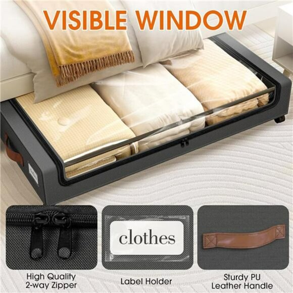 Under Bed Storage with Wheels 2 Pack Rolling Bins for Clothes Shoes Blankets - Picture 3 of 7